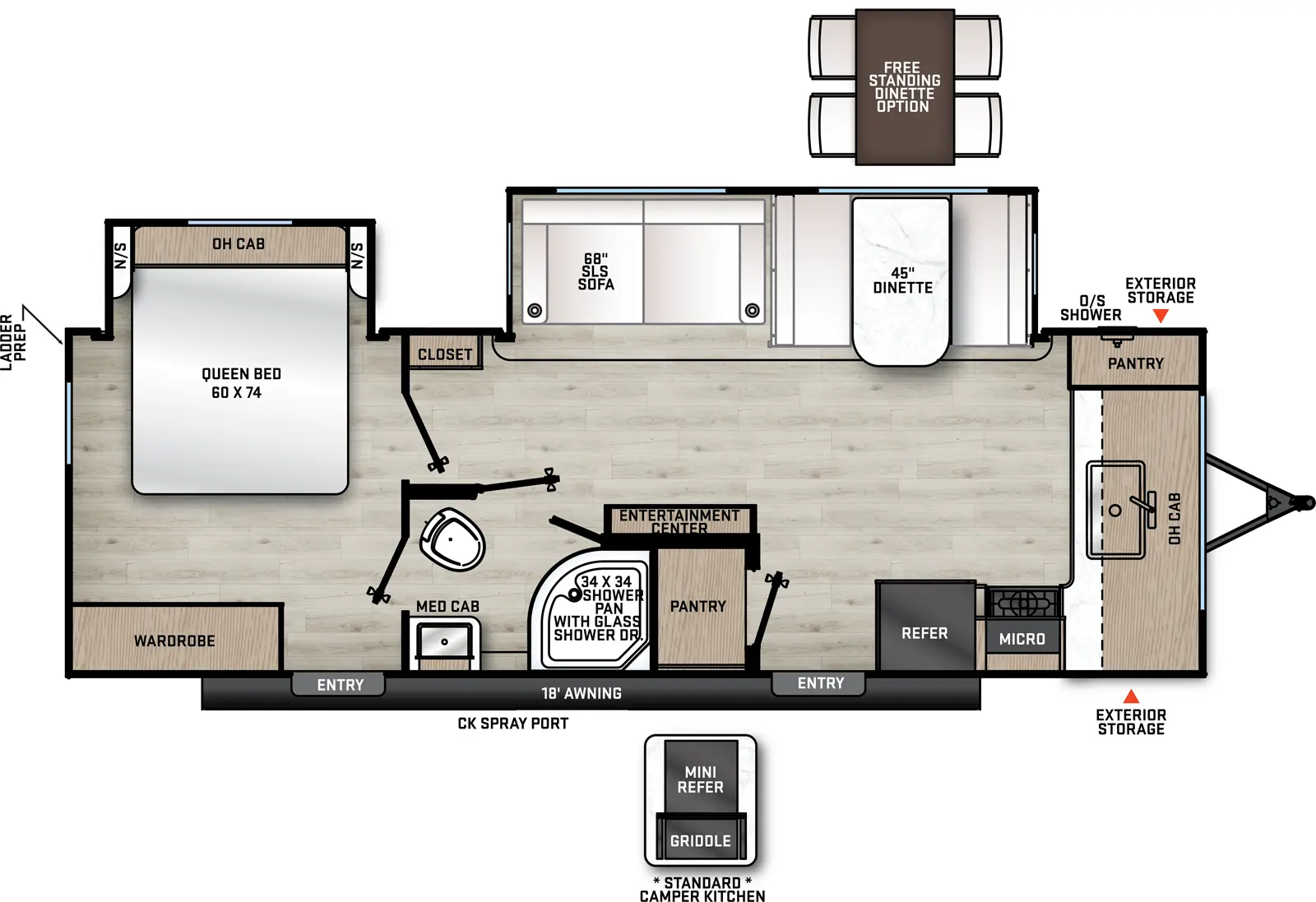 The 26FKDS has two slide outs on the off-door side, two entry doors on the door side, off-door side outside shower, front pass-through storage, standard camper kitchen with griddle and mini refrigerator, and 18 foot awning. Interior layout from front to back: front kitchen with pantry, double basin sink, overhead cabinets, microwave, oven, and refrigerator; off-door side slideout with dinette and sofa; door-side entry, pantry and entertainment center; door side pass-through bathroom; off-door side closet; rear bedroom with off-door side queen bed slideout with night stands on either side and overhead cabinets, door side wardrobe and entry.